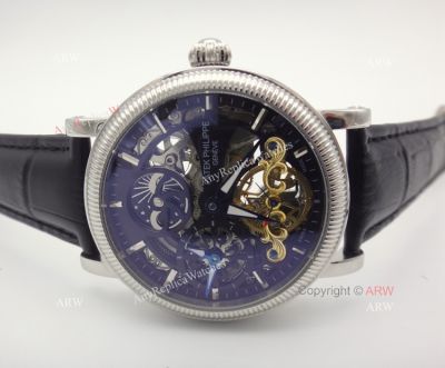 Patek Philippe Skeleton Replica Watch Black Leather Strap - Best Fake Patek Philippe Watches For Sale